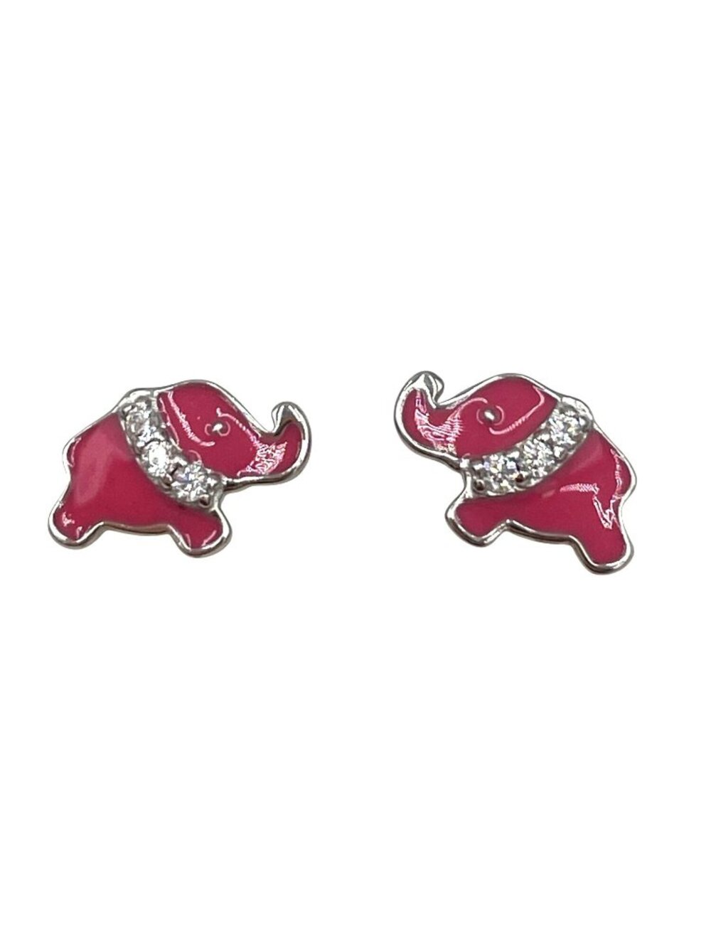 Pink Silver Elephant Stud Earrings Rhinestone Detail Enamel 925